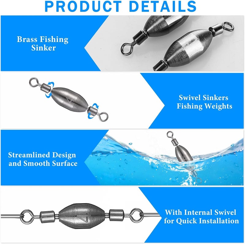 Seenelling 20 Pcs Brass Fishing Sinker Swivel Fishing Weights Saltwater Bullet Sinkers Drop Shot Weight Egg Sinkers with Swivel Rolling Removable Freshwater - Image 5